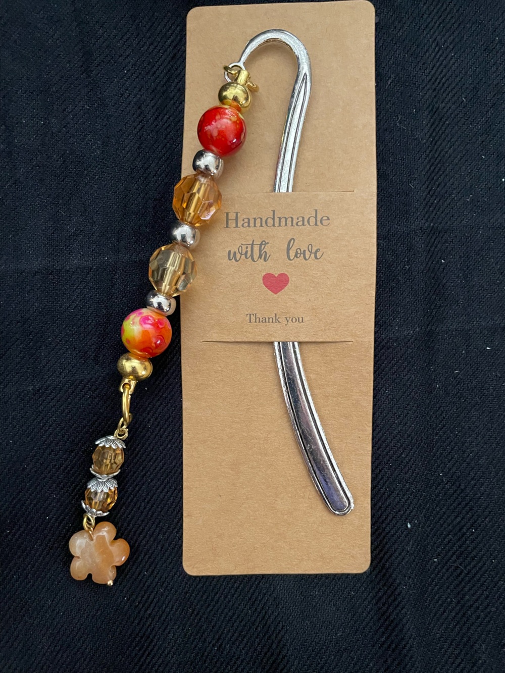 Handmade Beaded Bookmark with Red and Amber Accents